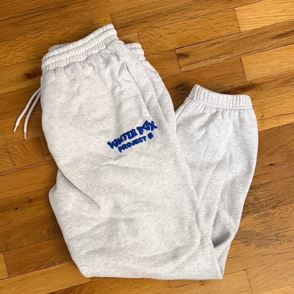 White Fox Boutique “Project 5” Sweatpants (Size L) in light grey and blue.